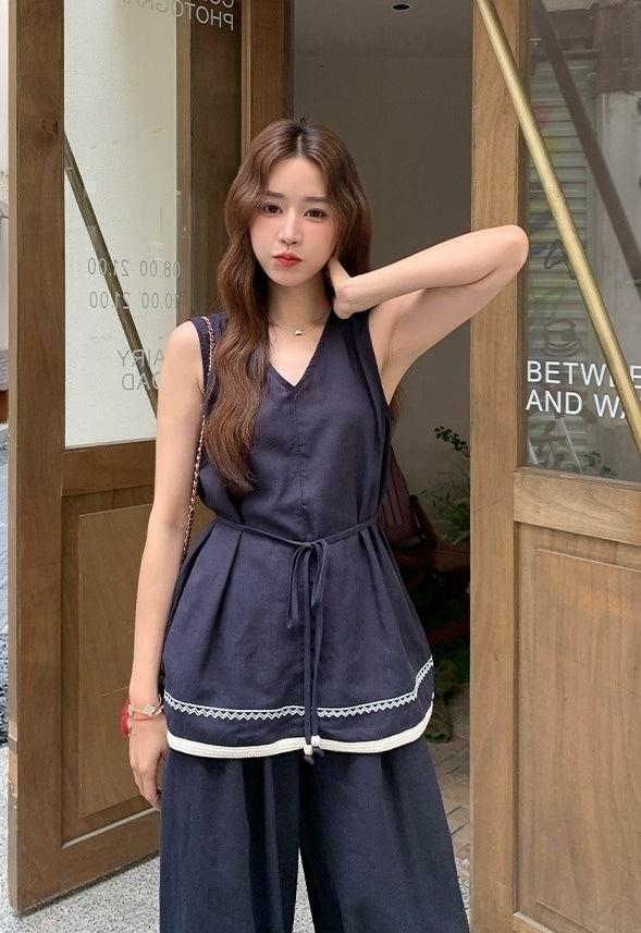 Elegant Waist Design Top And Wide Leg Pants Set