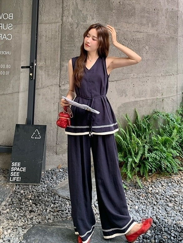 Elegant Waist Design Top And Wide Leg Pants Set