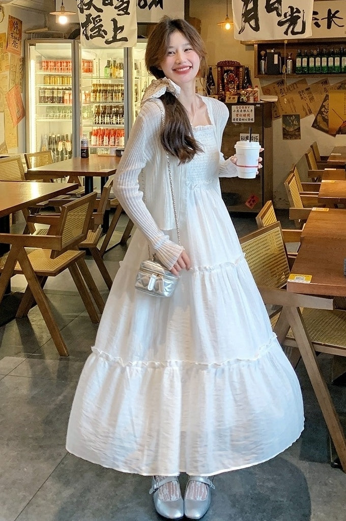 Elegant White Dress Set With Cardigan And Cami