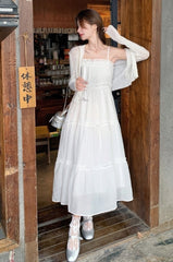 Elegant White Dress Set With Cardigan And Cami