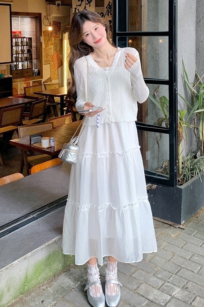 Elegant White Dress Set With Cardigan And Cami