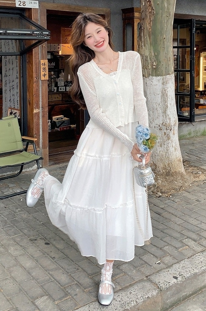 Elegant White Dress Set With Cardigan And Cami