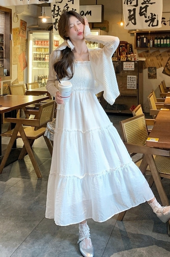 Elegant White Dress Set With Cardigan And Cami