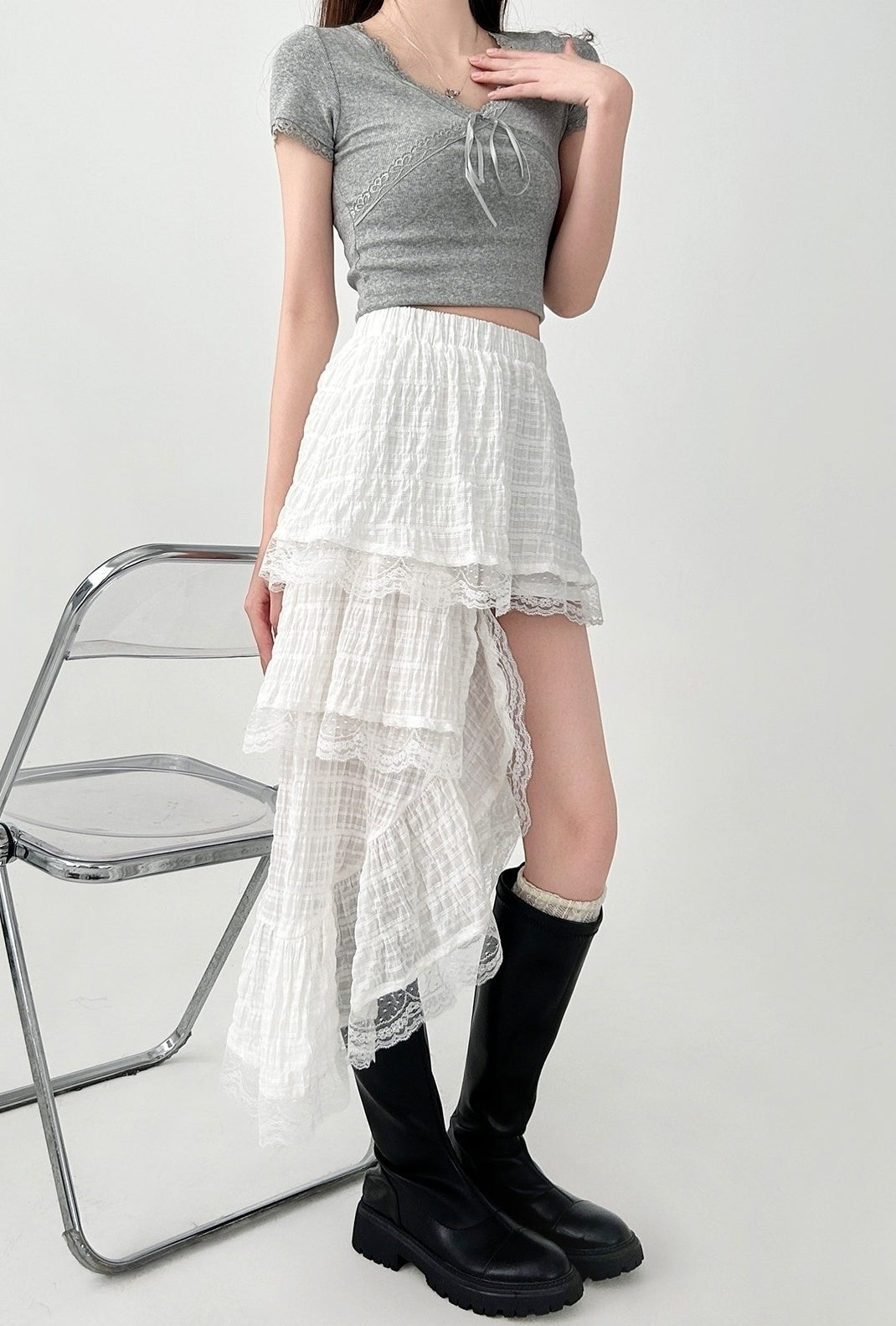 Elegant White Lace Layered Midi Skirt