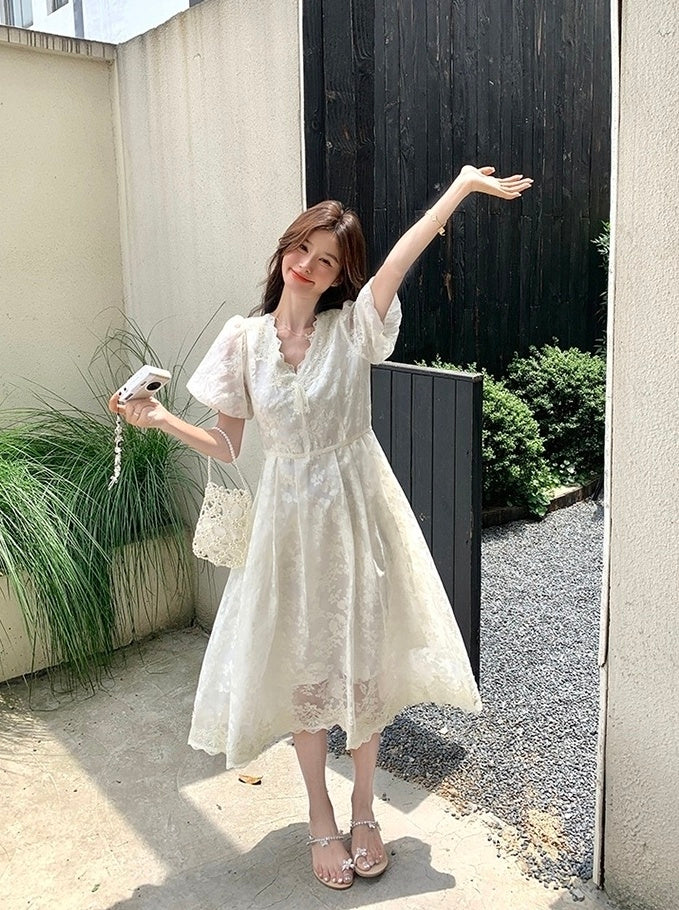Elegant White Lace Puff Sleeve Dress