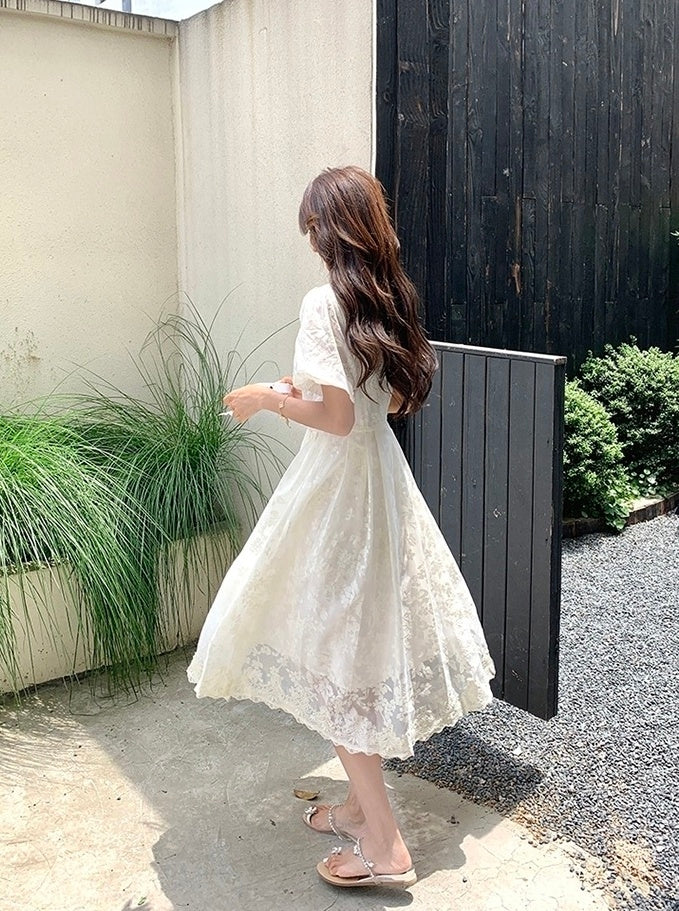 Elegant White Lace Puff Sleeve Dress