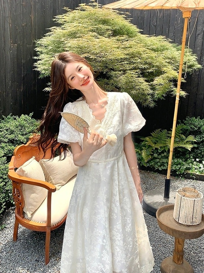 Elegant White Lace Puff Sleeve Dress