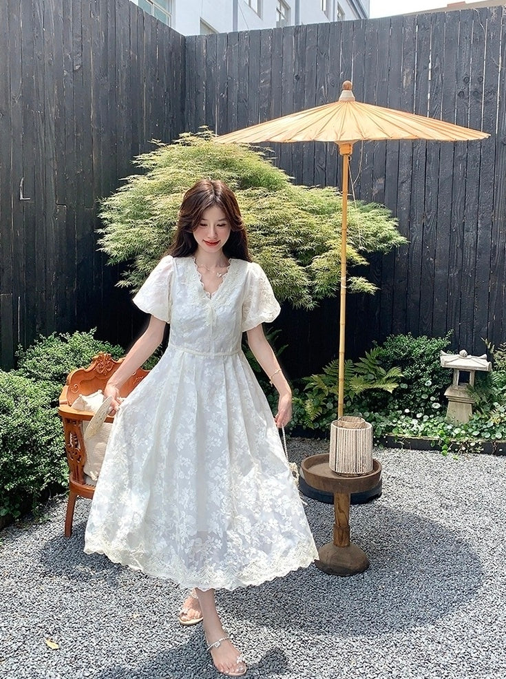 Elegant White Lace Puff Sleeve Dress