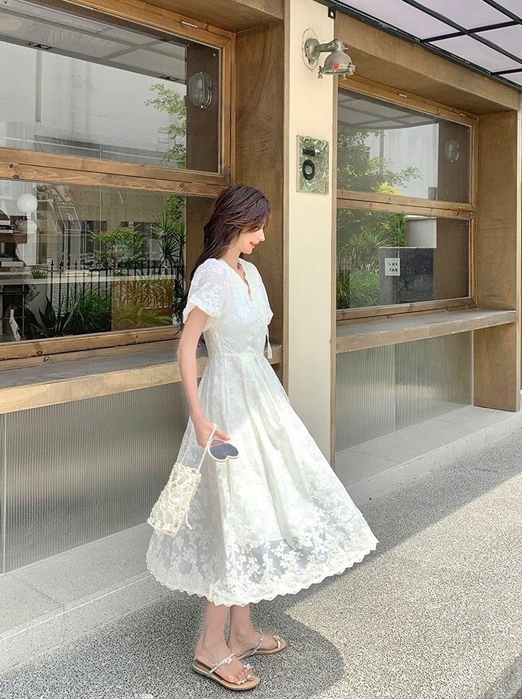 Elegant White Lace Puff Sleeve Dress