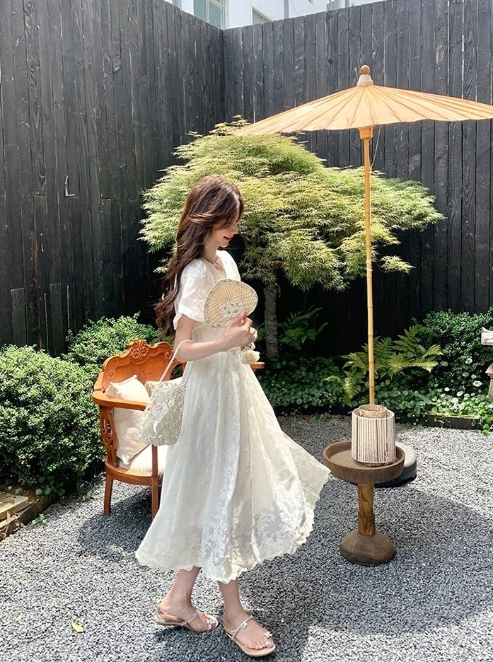 Elegant White Lace Puff Sleeve Dress