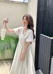 Elegant White Lace Puff Sleeve Dress
