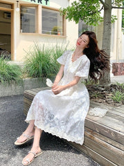 Elegant White Lace Puff Sleeve Dress