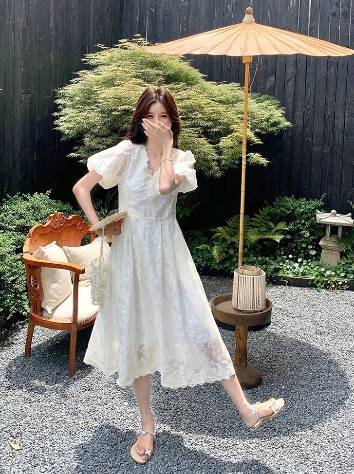 Elegant White Lace Puff Sleeve Dress
