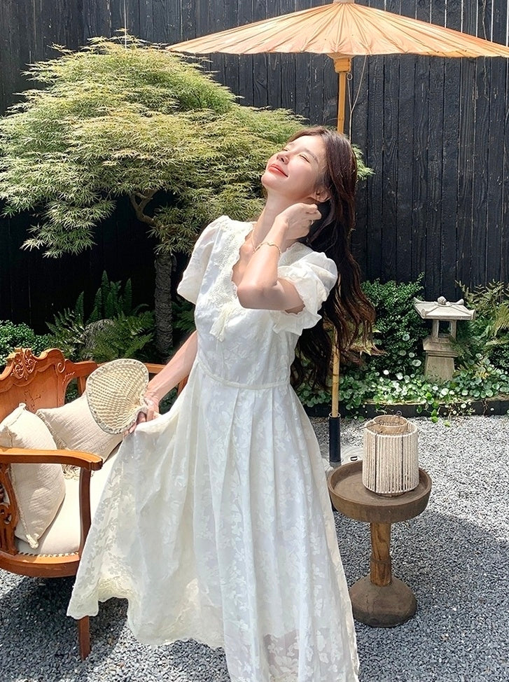 Elegant White Lace Puff Sleeve Dress