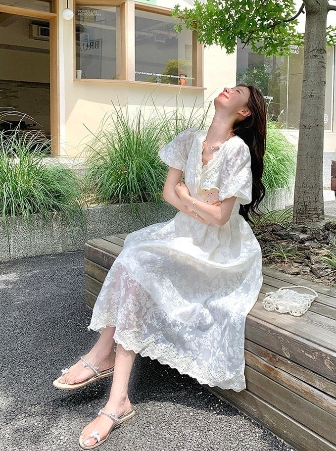 Elegant White Lace Puff Sleeve Dress