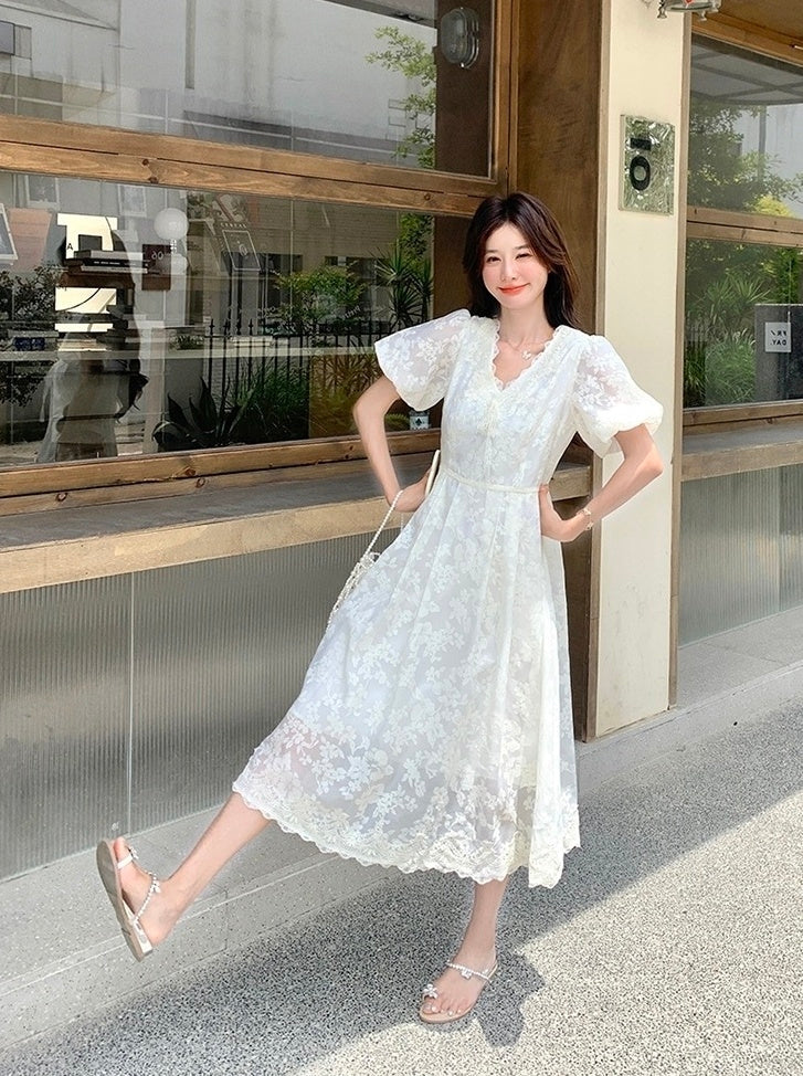 Elegant White Lace Puff Sleeve Dress