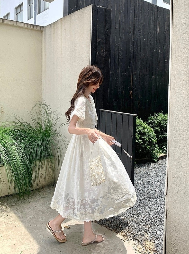 Elegant White Lace Puff Sleeve Dress