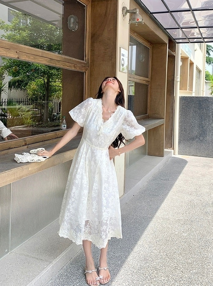 Elegant White Lace Puff Sleeve Dress