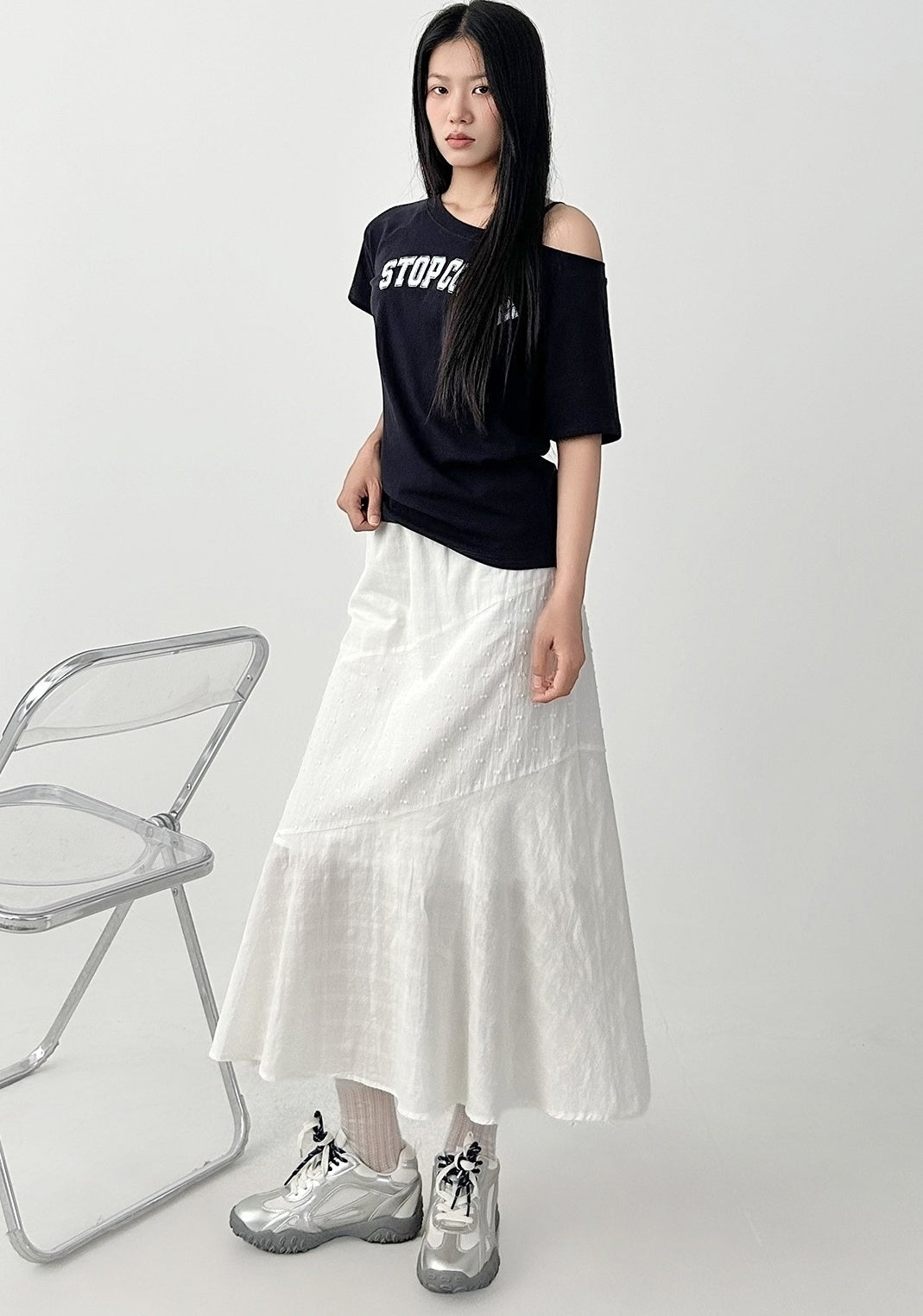 Elegant White Midi Ruffle Hem Skirt