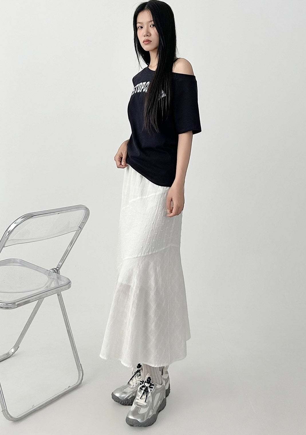 Elegant White Midi Ruffle Hem Skirt
