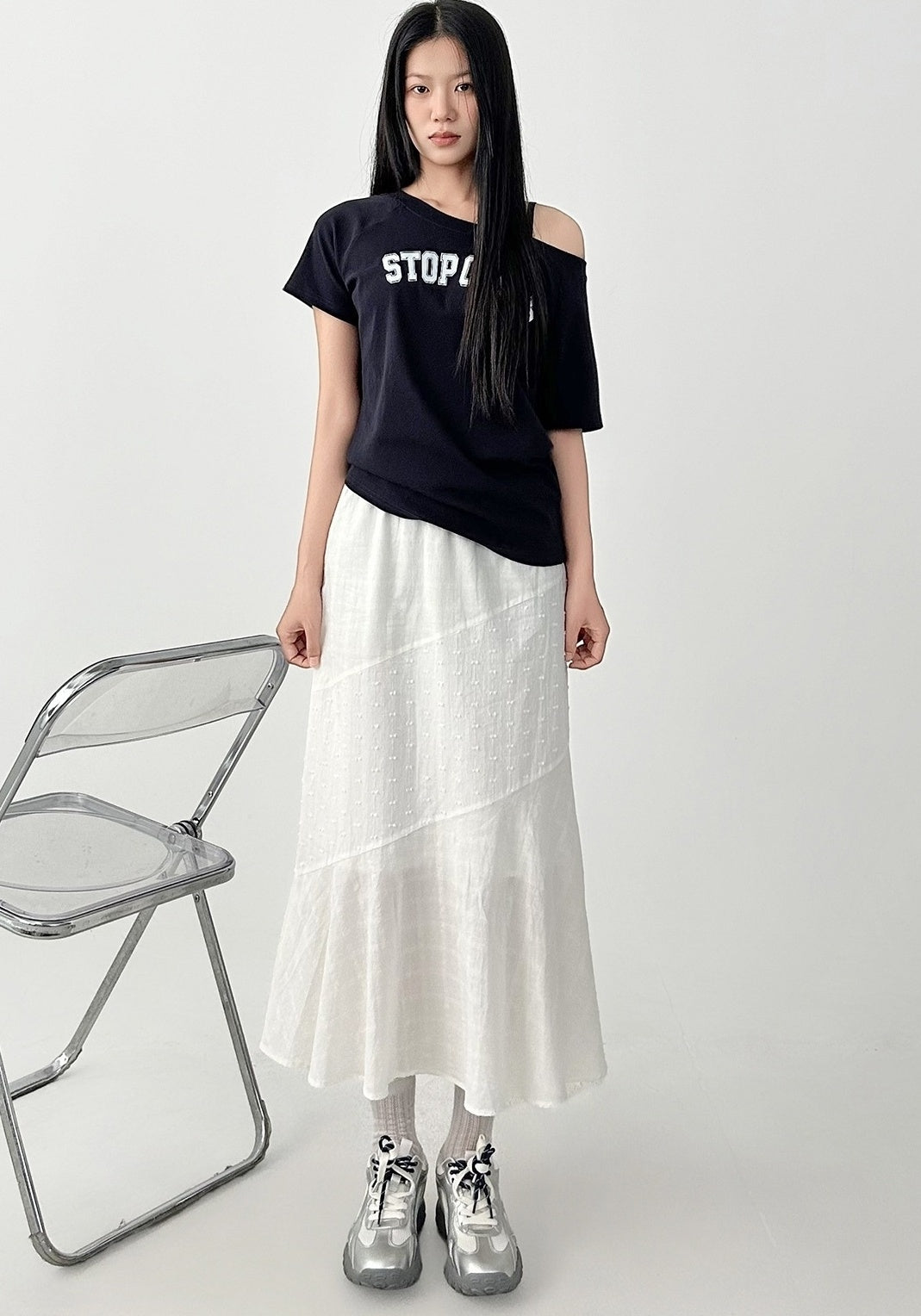 Elegant White Midi Ruffle Hem Skirt