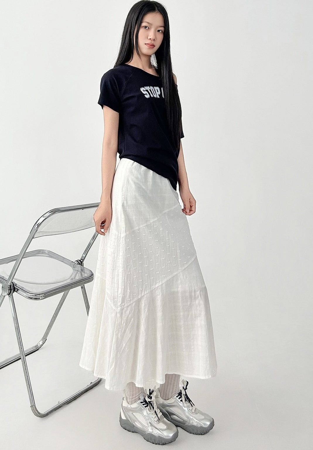 Elegant White Midi Ruffle Hem Skirt