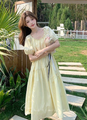 Elegant Yellow Puff Sleeve Maxi Dress