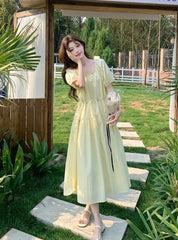 Elegant Yellow Puff Sleeve Maxi Dress