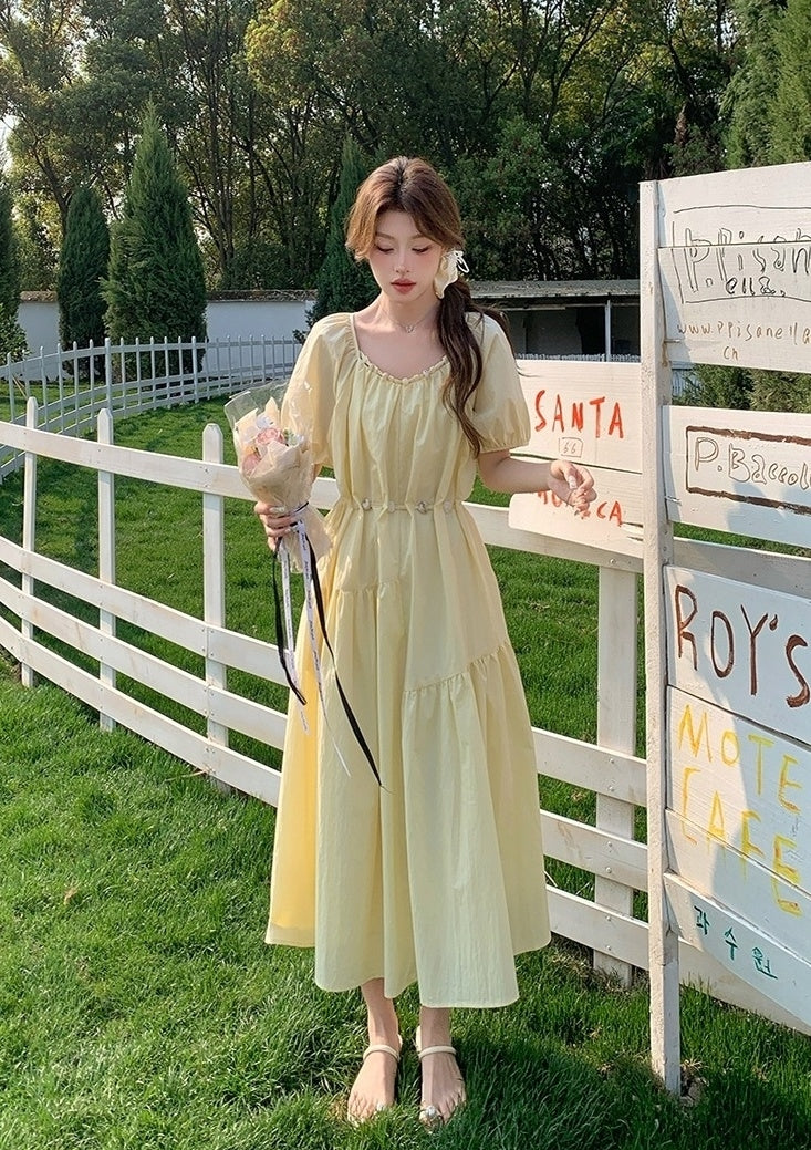 Elegant Yellow Puff Sleeve Maxi Dress