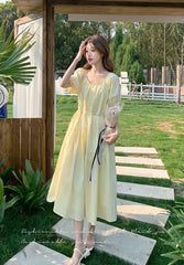Elegant Yellow Puff Sleeve Maxi Dress