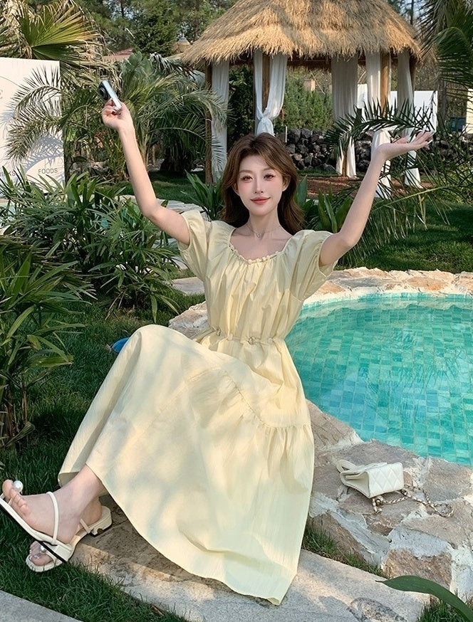 Elegant Yellow Puff Sleeve Maxi Dress