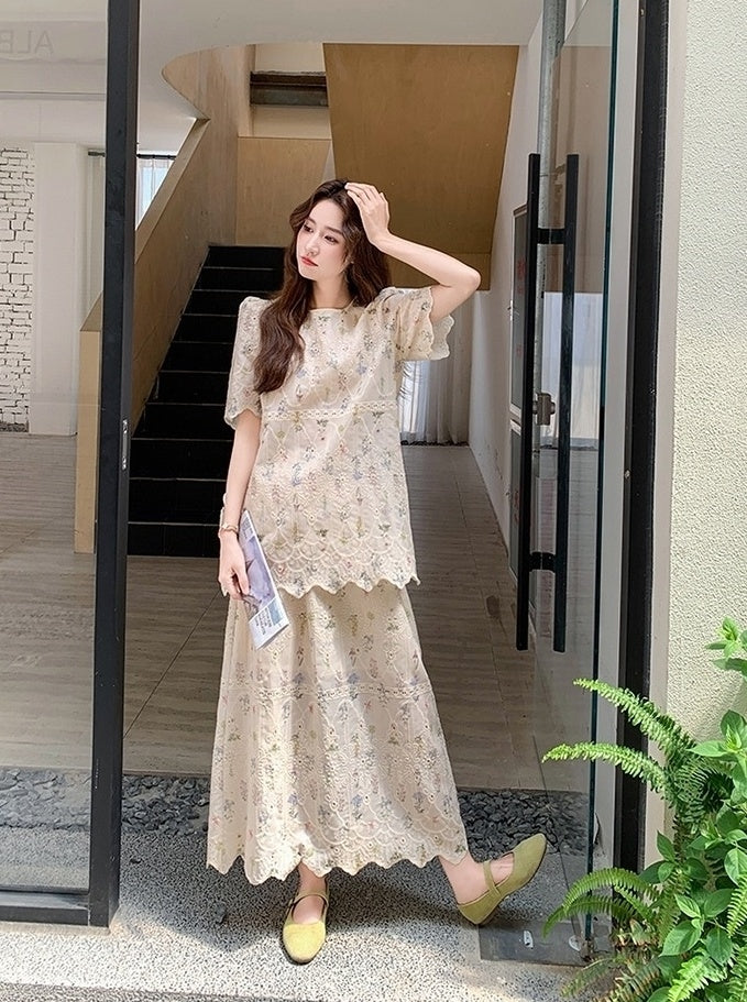 Embroidered Floral Top And Skirt Set
