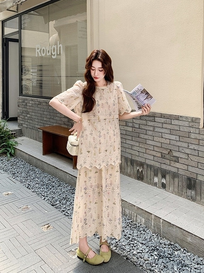 Embroidered Floral Top And Skirt Set