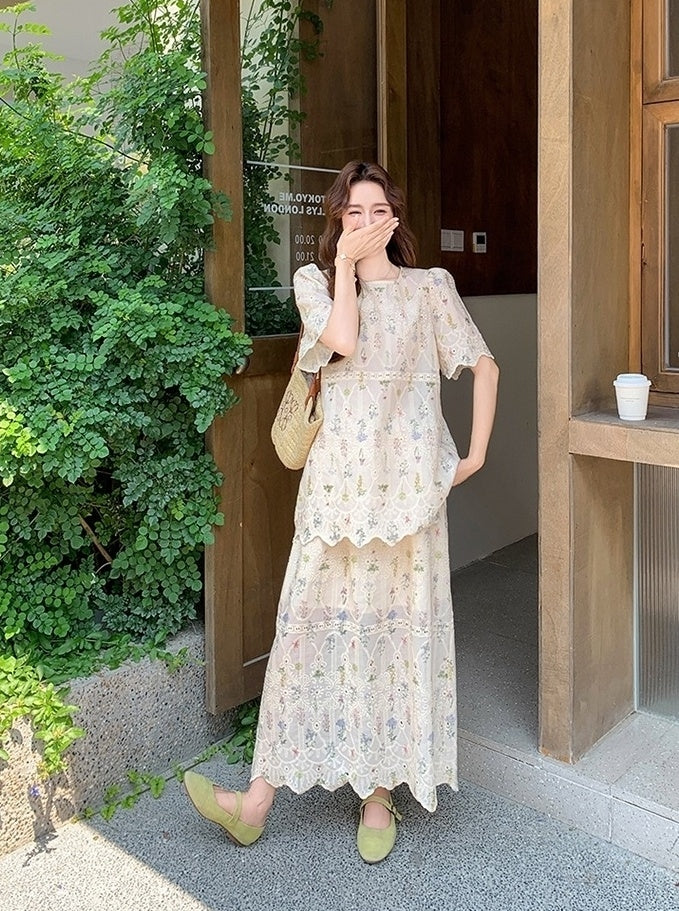 Embroidered Floral Top And Skirt Set
