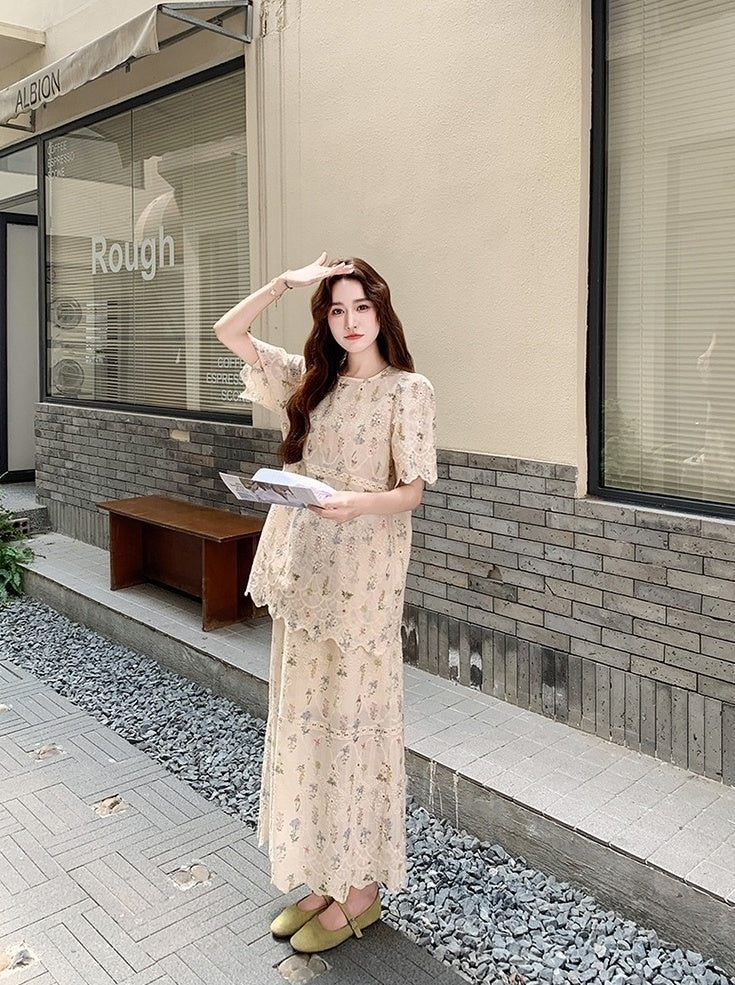 Embroidered Floral Top And Skirt Set