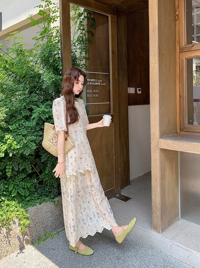 Embroidered Floral Top And Skirt Set