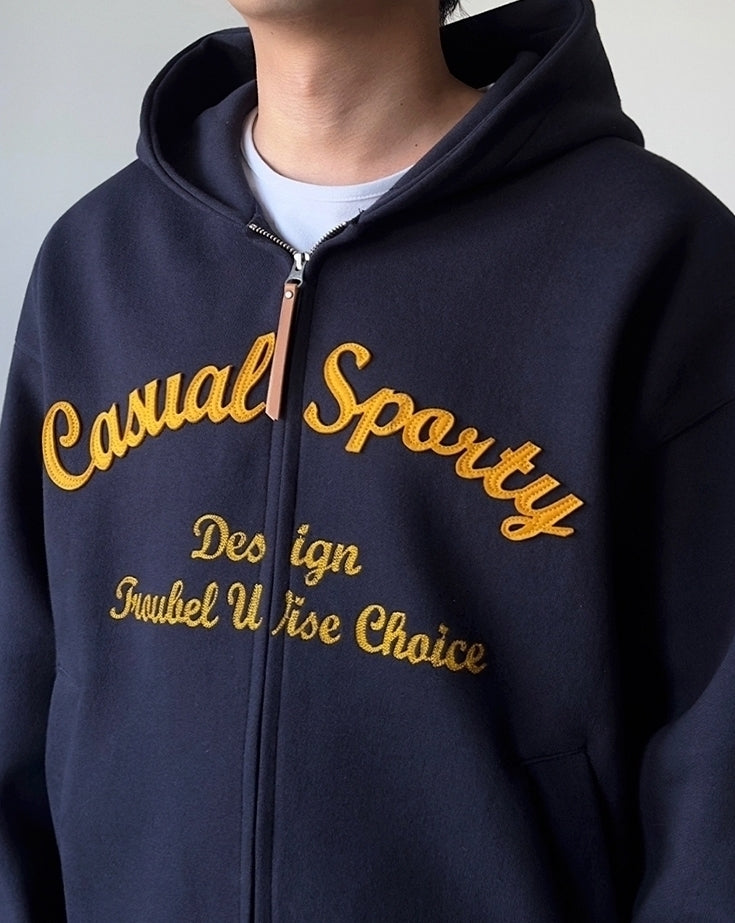 Embroidered Letter Patchwork Casual Hooded Sweatshirt Jacket