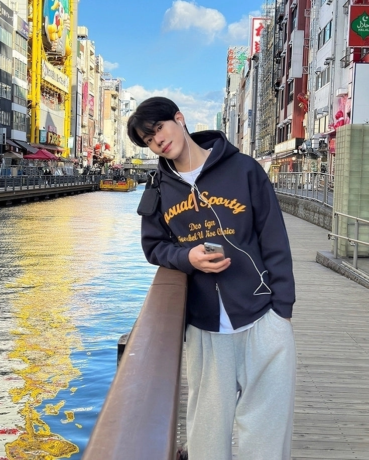 Embroidered Letter Patchwork Casual Hooded Sweatshirt Jacket
