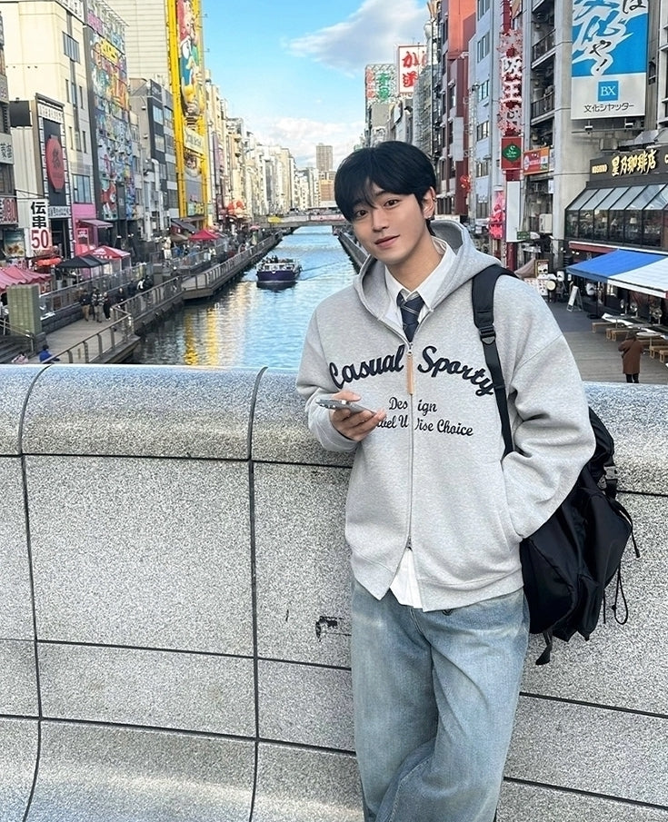 Embroidered Letter Patchwork Casual Hooded Sweatshirt Jacket