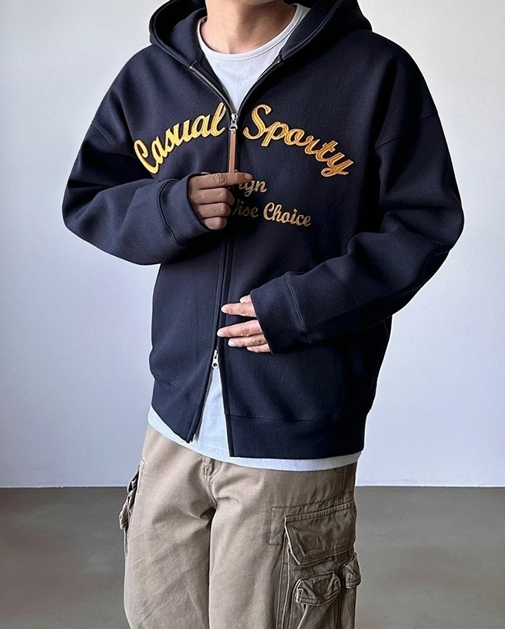 Embroidered Letter Patchwork Casual Hooded Sweatshirt Jacket