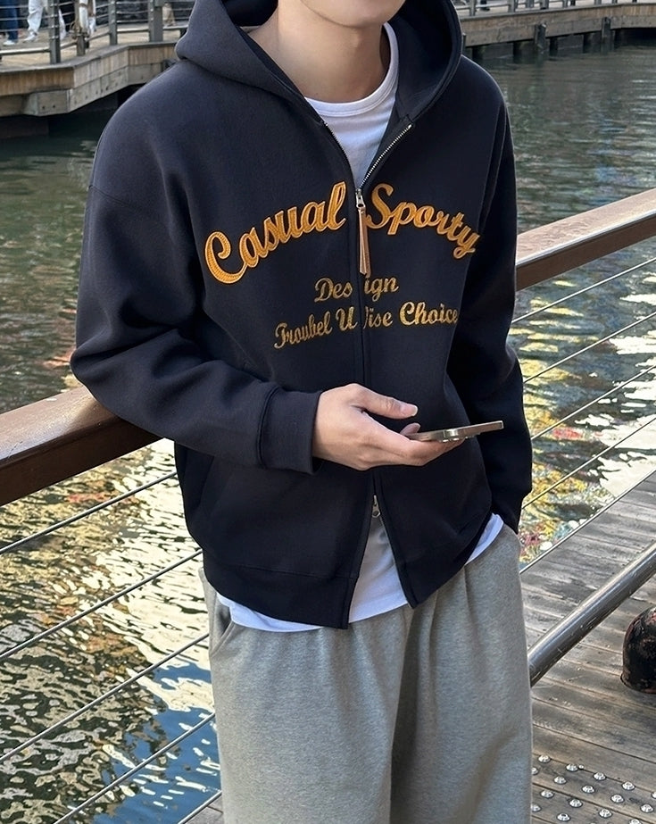 Embroidered Letter Patchwork Casual Hooded Sweatshirt Jacket