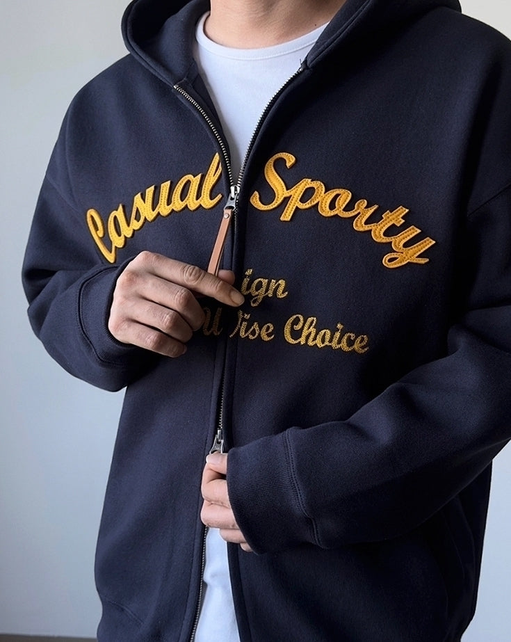 Embroidered Letter Patchwork Casual Hooded Sweatshirt Jacket