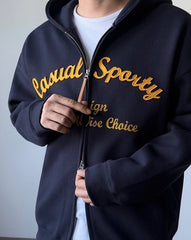 Embroidered Letter Patchwork Casual Hooded Sweatshirt Jacket