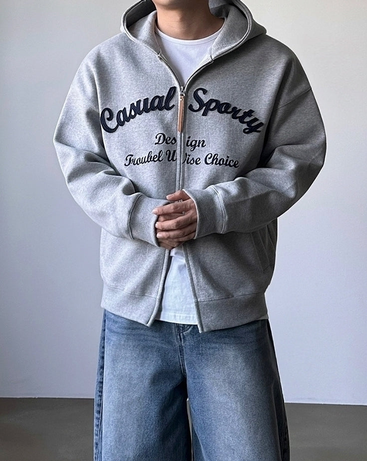 Embroidered Letter Patchwork Casual Hooded Sweatshirt Jacket