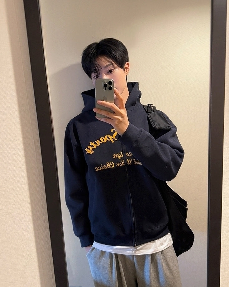 Embroidered Letter Patchwork Casual Hooded Sweatshirt Jacket