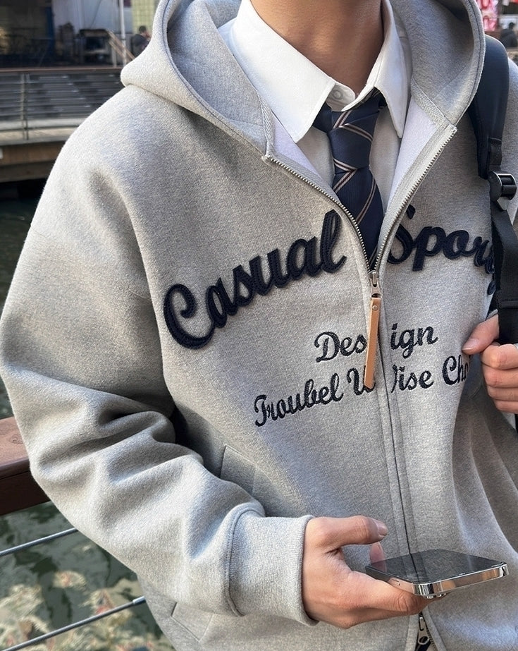 Embroidered Letter Patchwork Casual Hooded Sweatshirt Jacket
