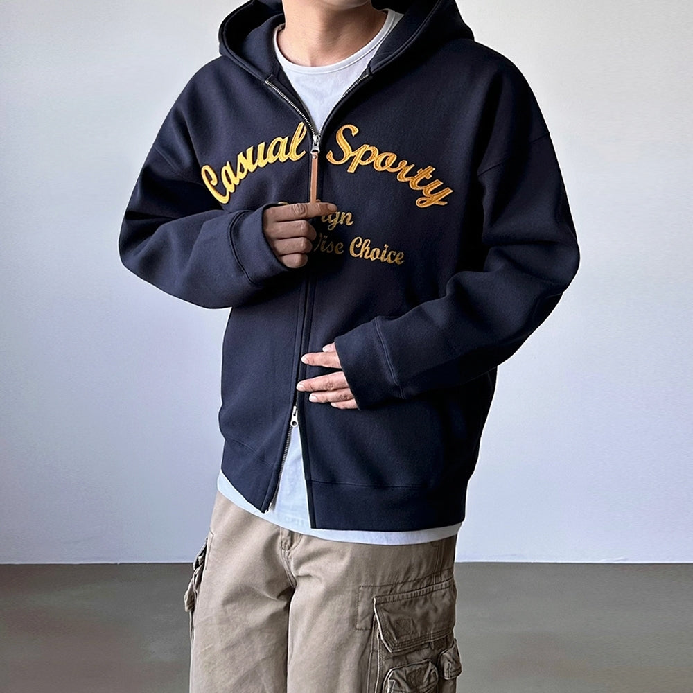 Embroidered Letter Patchwork Casual Hooded Sweatshirt Jacket