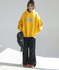 Embroidered Letter Patchwork Hoodie Casual Loose Style
