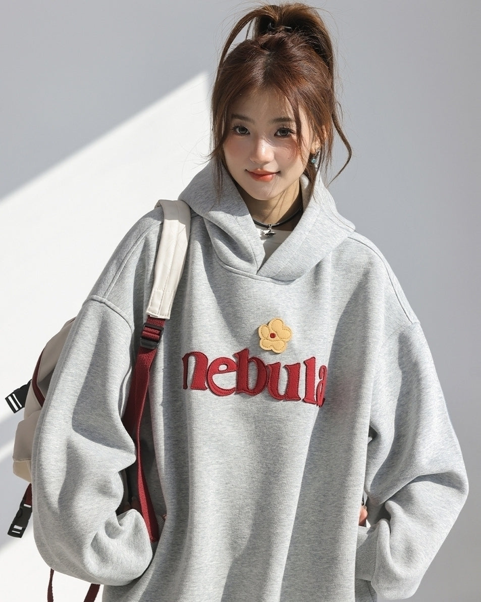 Embroidered Letter Patchwork Hoodie Casual Loose Style