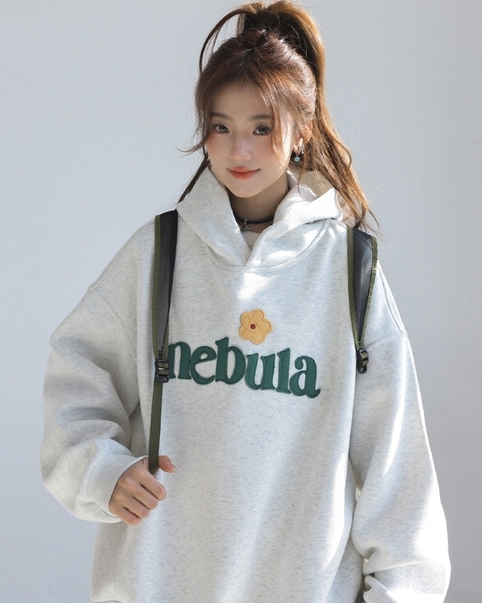 Embroidered Letter Patchwork Hoodie Casual Loose Style